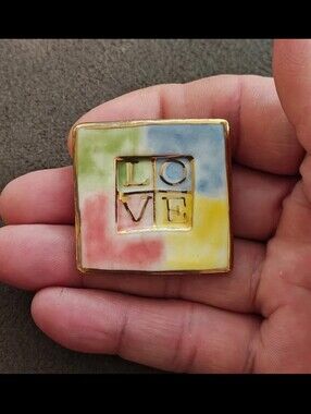 1980s Handcrafted Polymer Clay Slab Square Brooch.